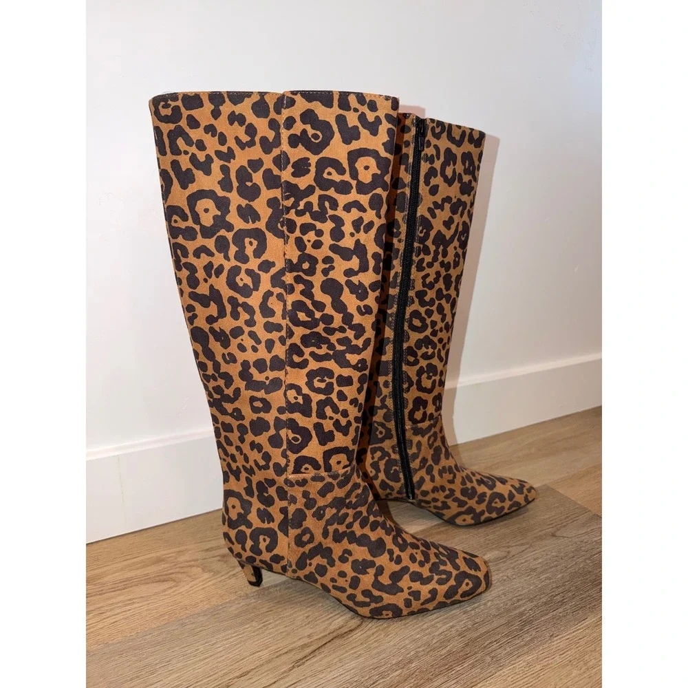 Women knee high boots size 7 cheetah kitten heels